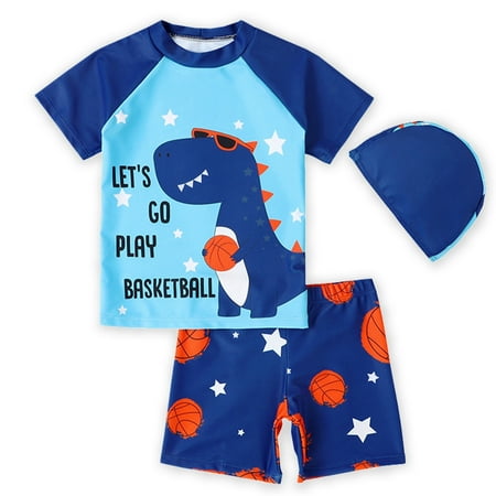 

SYNPOS Kids Boys Dinosaur Shark Short Sleeve Rashguard Two Pieces Swimsuit Hat Set for 1-7T Swimwear