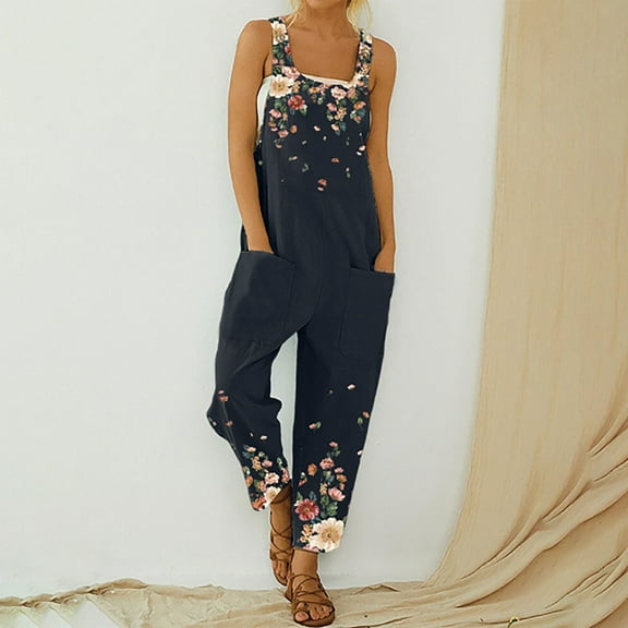 SDNall Jumpsuits for Women Casual Fashion Pants Overalls Rompers Printed Buttons Suspender Jumpsuit Womens Romper Sizes:S-5XL