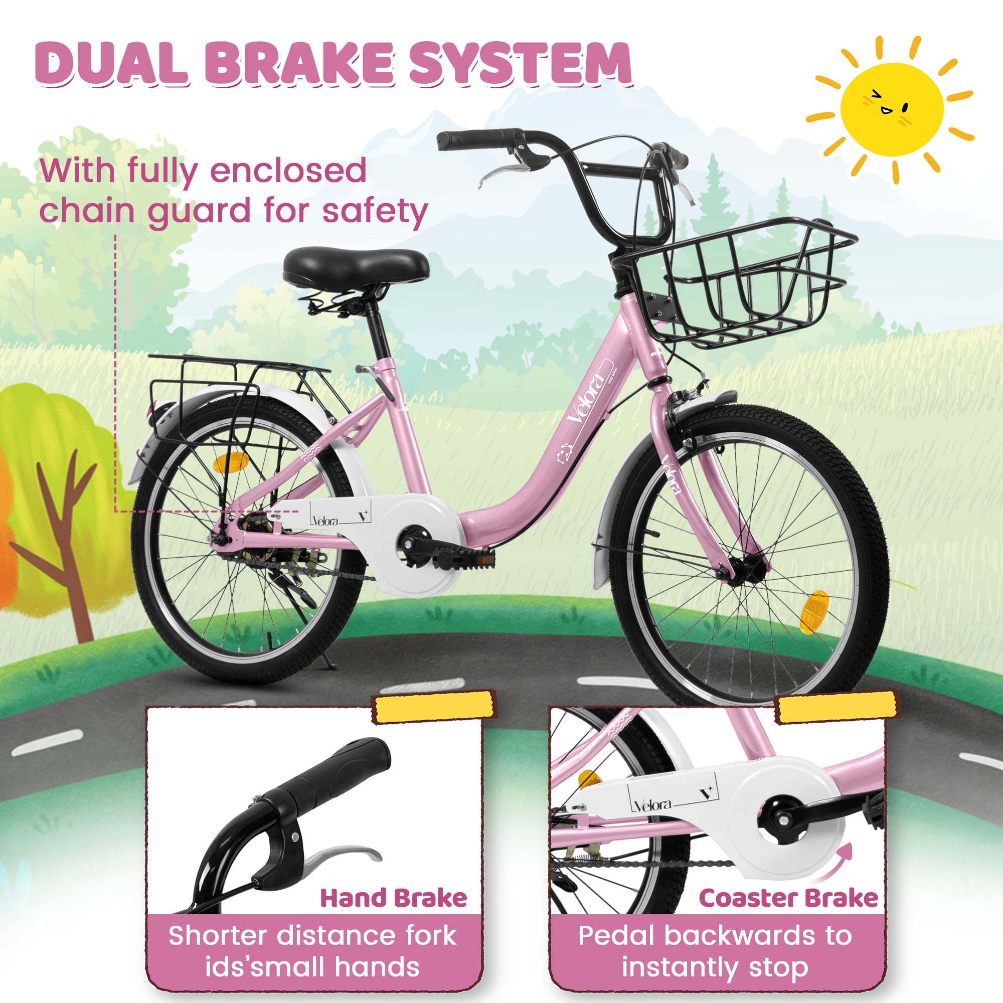 imerelez Kids Bike 20 Inch for Boys Girls Ages 6-12, Single-Speed with Dual V-Brake & Coaster Brakes, Lightweight Steel Frame, Multiple Colors (Pink/Green/Purple/White)