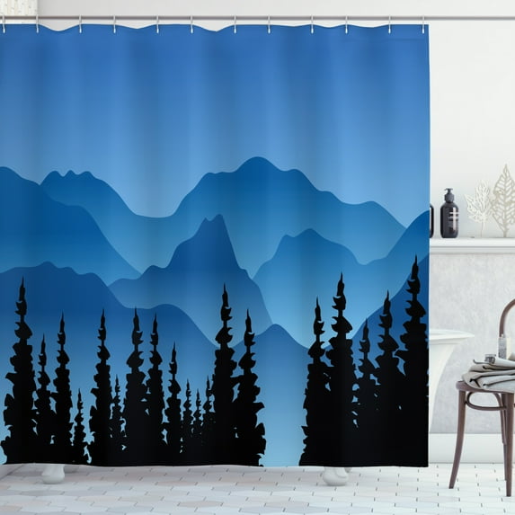 Landscape Shower Curtain, Silhouette Style Illustration of Pine Trees and Hills Horizon, Fabric Bathroom Set with Hooks, 69W X 70L Inches, Sea Blue and Charcoal Grey, by Ambesonne