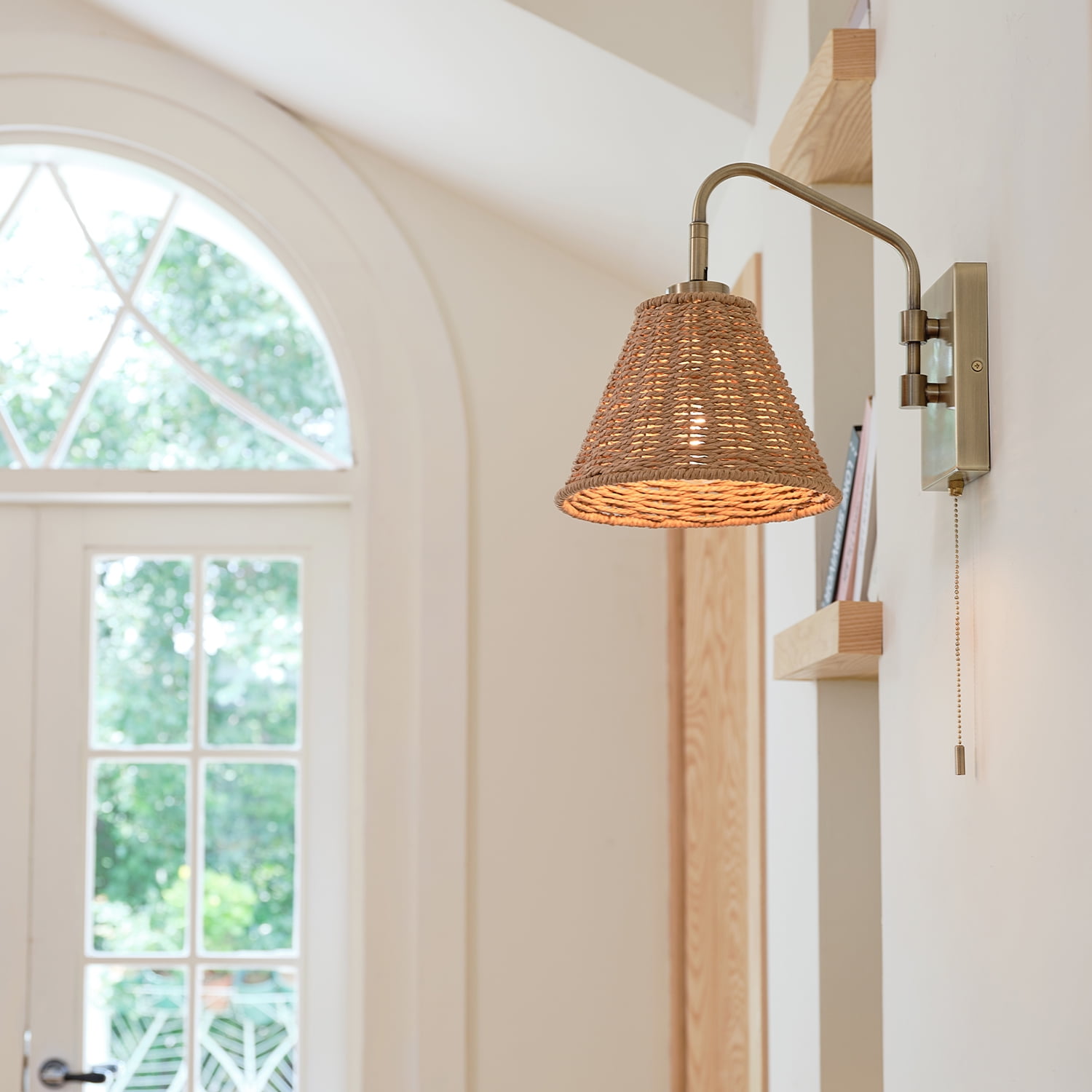 Novogratz x Globe Electric 1-Light Matte Brass Rattan Indoor Wall Sconce with Pull Chain Switch, No Battery Required