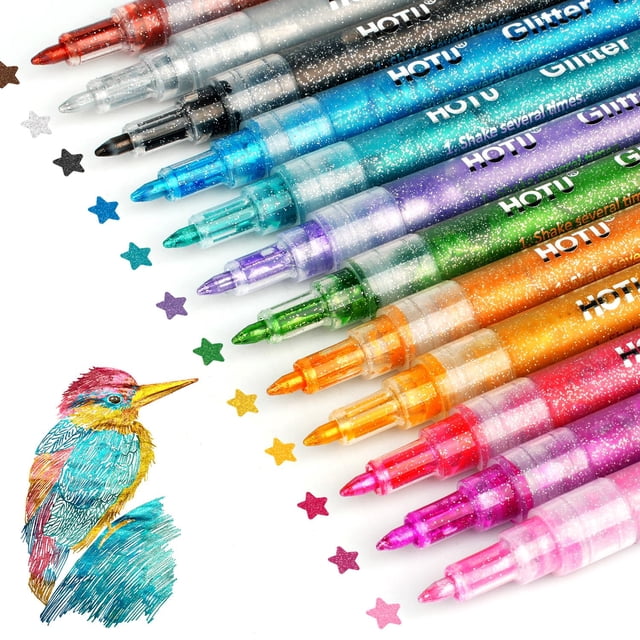 Rotuladores con purpurina HOTU, 12 colores brillantes, tinta a base de agua