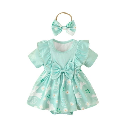 

Bslissey Baby Girls Cute Easter Romper Dress Short Sleeve Daisy Bunny Print Hem Jumpsuit Newborn Infant Casual Summer A-line Dress with Headband 3M 6M 12M 18M