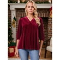 thumbnail image 2 of DARING DIVA Women's Velvet V Neck 3/4 Puff Sleeve Casual Blouse S Wine Red, 2 of 8