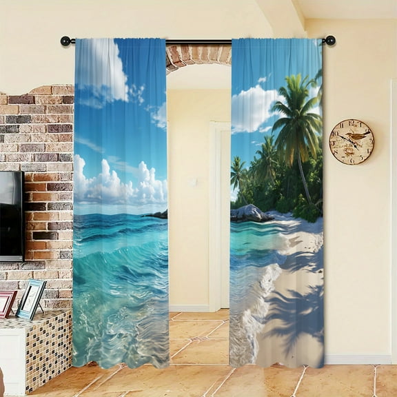 WNOOHIY Island Scenery Blue Sea Sky Beach Print Light-filtering Curtains for Living Room Bedroom Office Home Decoration, Set of 2 Panels