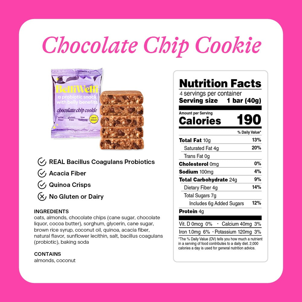 (2 pack) BelliWelli, Chocolate Chip, Soft-Baked Probiotic Bar, 4 x 1.4 oz bars