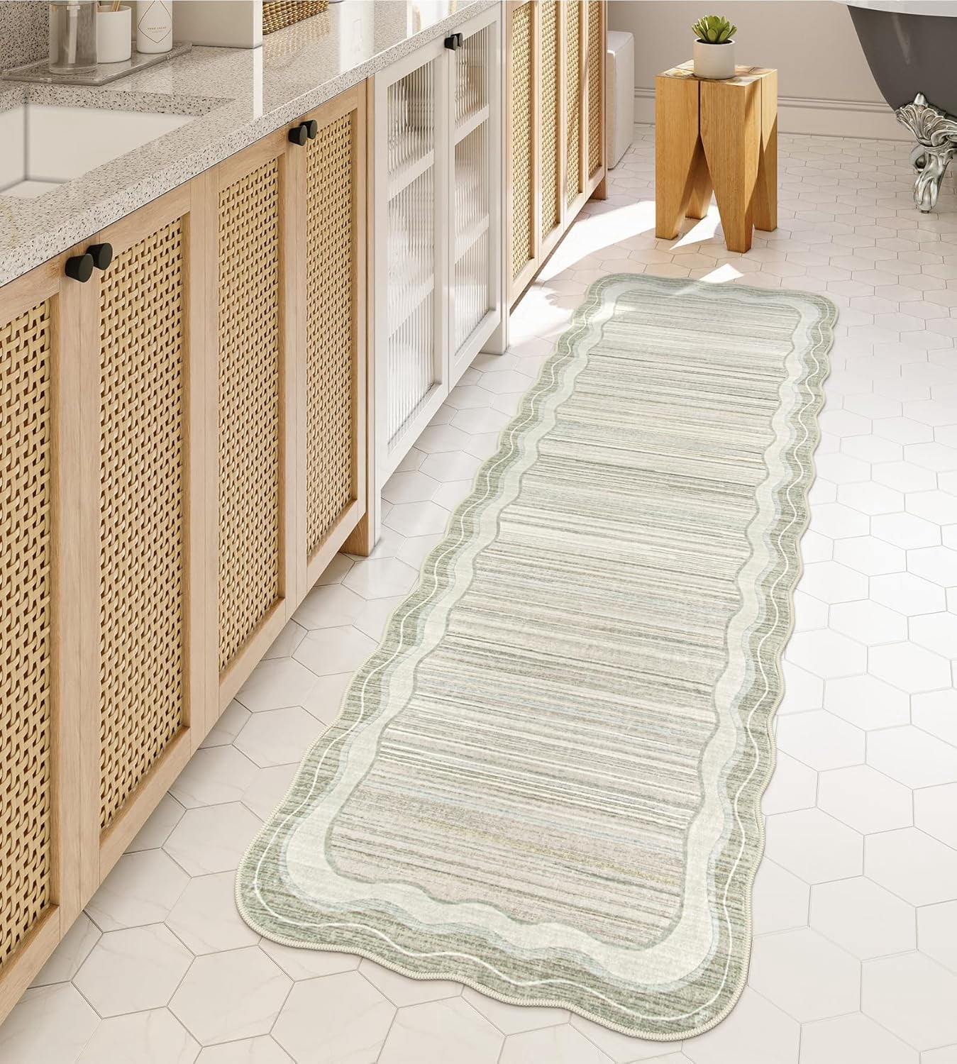 Wonnitar 2.6'x8' Scalloped Striped Hallway Runner Rug, Washable Kitchen Runner Rug, Soft Low Pile Beige Indoor Accent Rug for Entryway, Bathroom, Bedroom, Laundry
