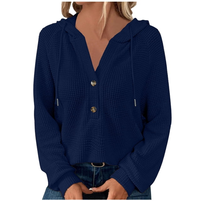 Yuyuzo Womens Hoodies Long Sleeve Drawstring Button V Neck Solid Color Textured Pullover Tops