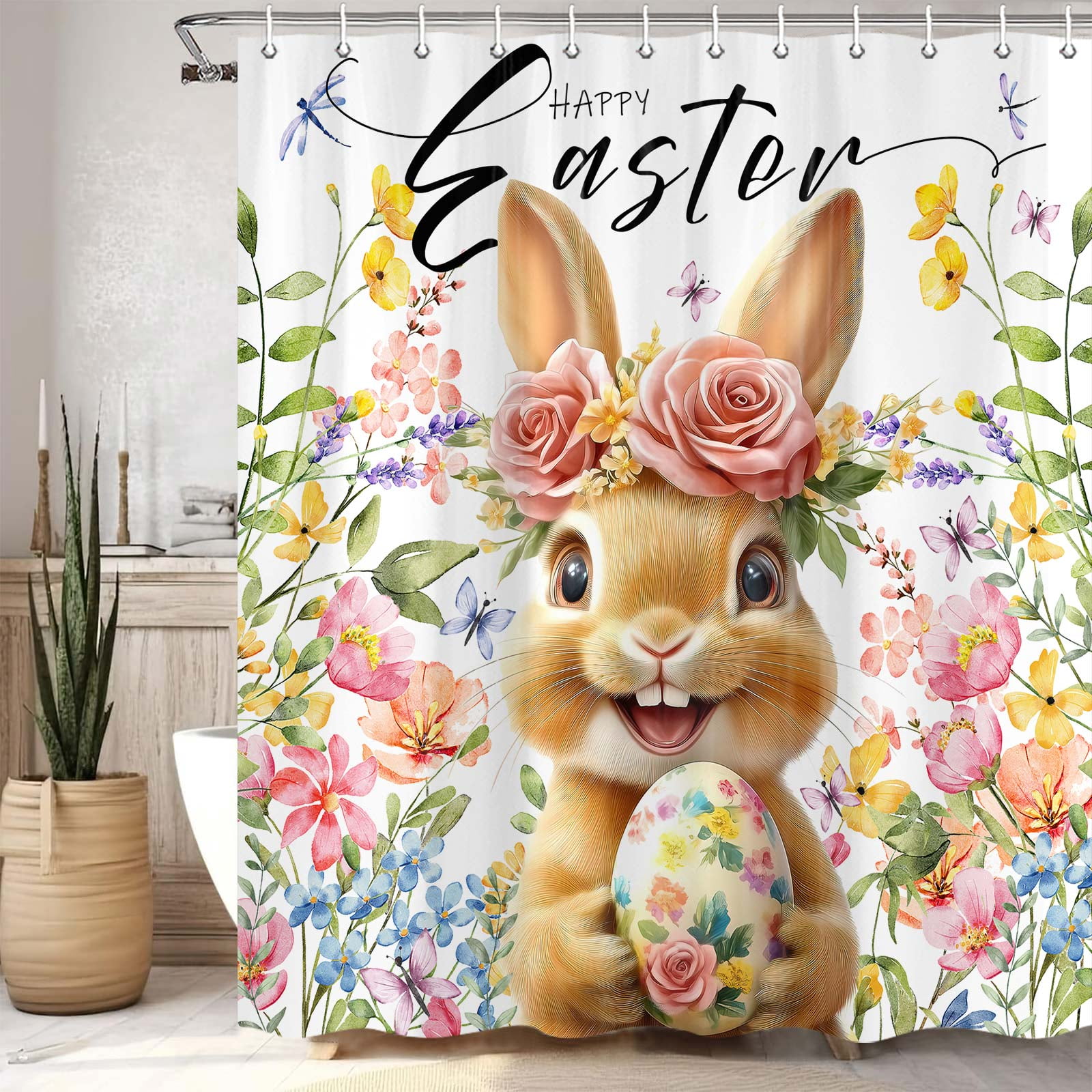 Spring Easter Bunny Shower Curtain, Happy Easter with Cute Rabbit Eggs Flower Shower Curtain for Bathroom, Colorful Floral Animal Farmhouse Spring Holiday Bath Curtain with Hooks, 69X70IN