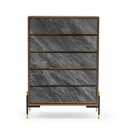 HomeRoots 30" Walnut And Grey Manufactured Wood Five Drawer Chest