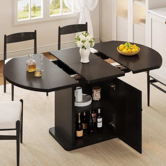 iPormis Extendable Round Dining Table for 4-6, 59'' Modern Kitchen Table with 2-Tier Storage Shelf, Wood Door, MDF Board, Space Saving Oval Dinner with Sturdy Pedestal Base, Kitchen, Dining,Black