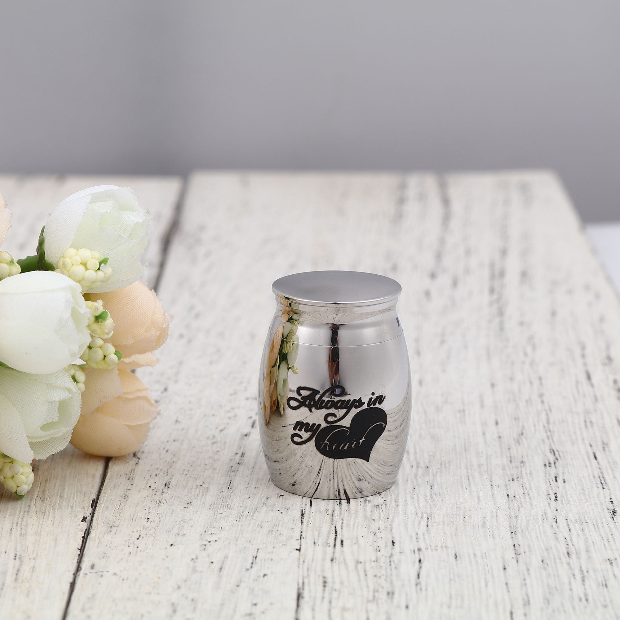 "Always in my Heart" Silver Mini Cremation Urns for Human Miniature Pet Ashes Holder Memorial Keepsake Waterproof Ash Container with Free Gift Pouch