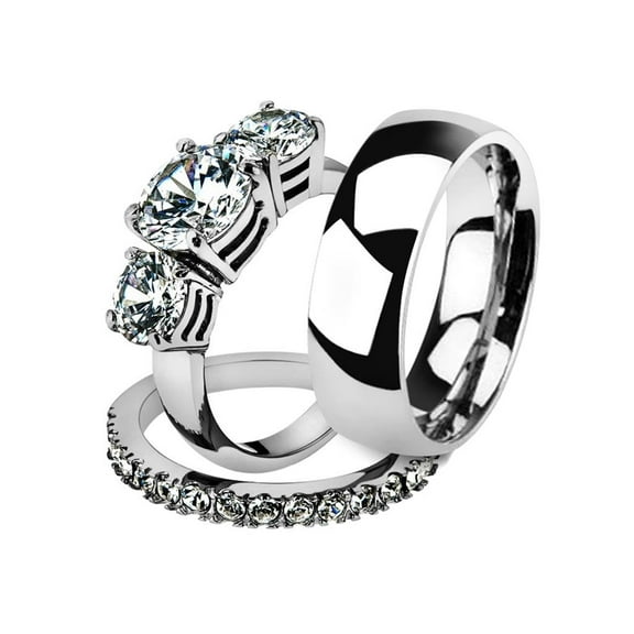 His and Her 3pc Stainless Steel 4.17 Ct Cz Bridal Set and Men's Classic Wedding Band Women's Size 10 Men's 06mm Size 11