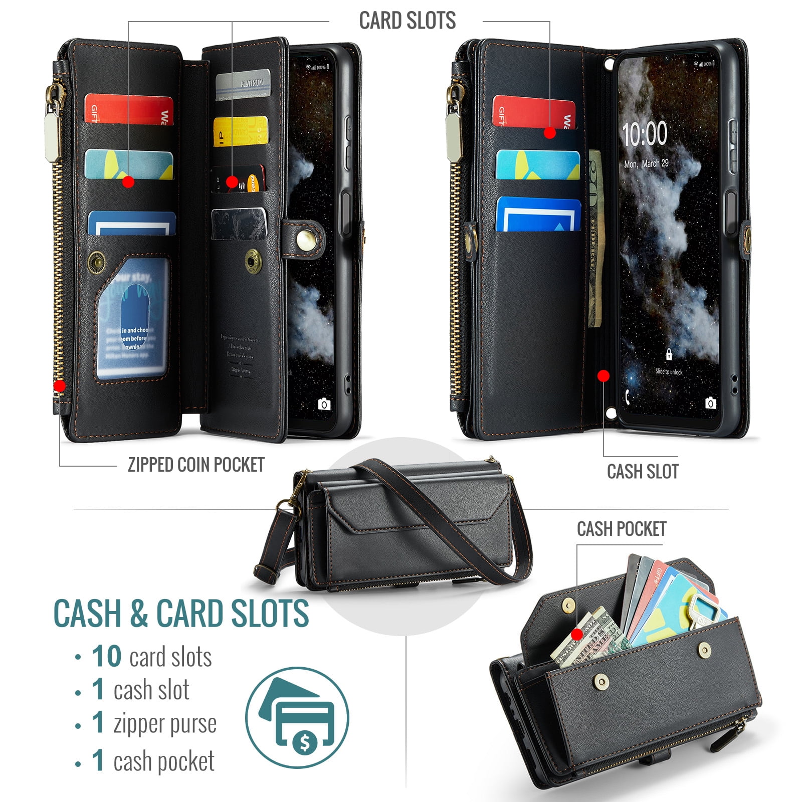 Asuwish Compatible with Samsung Galaxy A16 5G/4G Zipper Wallet Phone Case Tempered Glass Screen Protector Crossbody Lanyard Strap Flip Card Holder Slot Cell Cover for A 16 16A SM-A166U Women Black