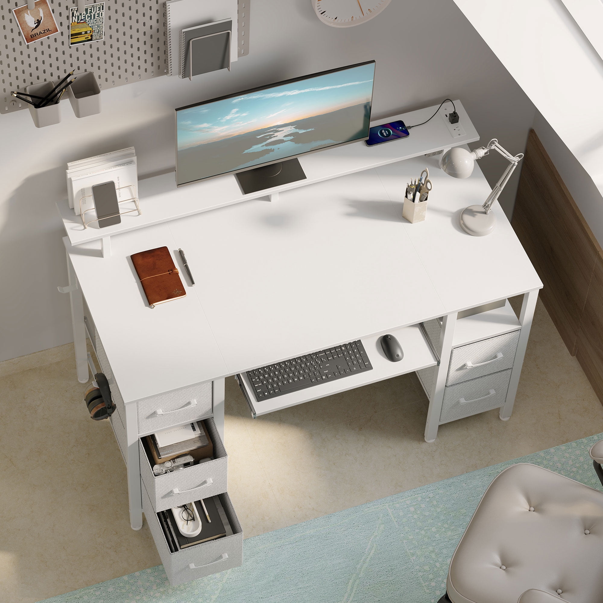 Greenstell 55 inch Gaming Desk with LED Lights, I-Shaped Computer Desk with Storage Drawers, Outlets and Monitor Stand,Home Office Desk, Cream White