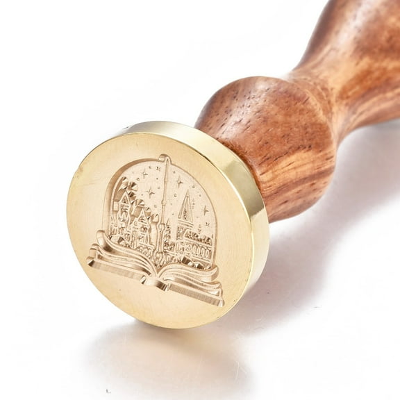 Brass Wax Seal Stamp with Wooden Handle Magic Themed Pattern Golden 90x26mm