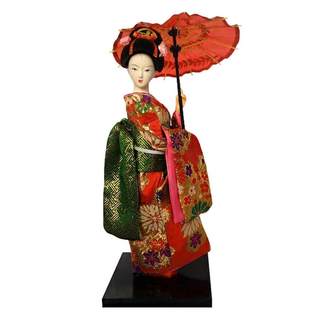 muñecas geisha japonesas étnicas, estatuilla de dama oriental, muñeca geisha asiática de estilo vintage para decoración de mesa; 25 cm con kimono rojo bordado y obi verde, parasol rojo, pintura a mano, base plana negra para exhibir en escritorio o repisa.