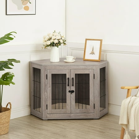 Unipaws Corner Dog Crate Furniture  Wooden Dog Kennel for Dogs Puppy  Pet Crate for Limited Room  Medium  Weathered Gray