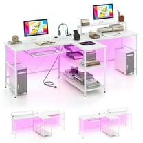 Spaco 2-Person Reversible Computer Desk Long Office Desk with LED Lights-White,