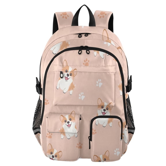 DIXRUYEE Corgi Dog Paw Prints Pattern Backpack for School 14”Laptop Compatible with Reflective Safety Strips
