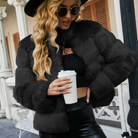 Einccm Faux Fur Coat Women Winter Coats For Plus Size S Ladies Warm Furry Jacket Solid V Neck Outerwear Black M Canada Einccm Faux Fur Coat Women Winter Coats, Warm Winter Coats Womens Plus Size