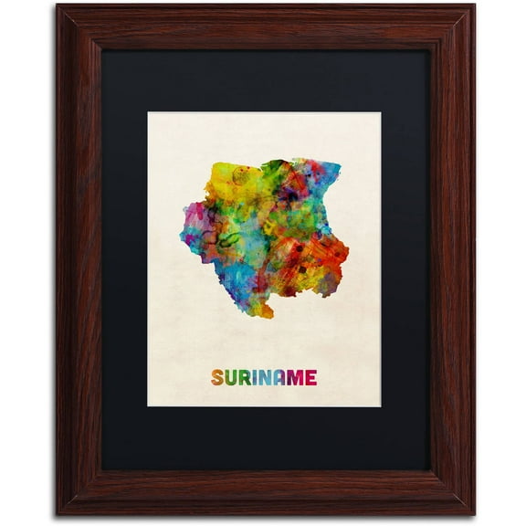 Trademark Fine Art "Suriname Watercolor Map" Canvas Art by Michael Tompsett Black Matte, Wood Frame