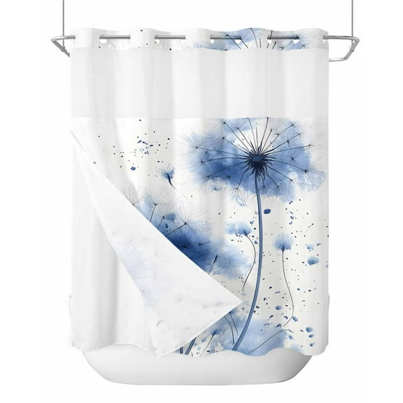 No Hook Shower Curtains with Snap in Liner, Blue Dandelion Waterproof Fabric Shower Curtain, Simple Pastoral Country Nature Flowers Double Layers & See-Through Top Window Bathroom Curtains 72''x72''