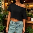 thumbnail image 4 of Womens Off The Shoulder Tops Short Sleeve Solid Crop Tops Casual Loose Summer T Shirt, L, 4 of 5
