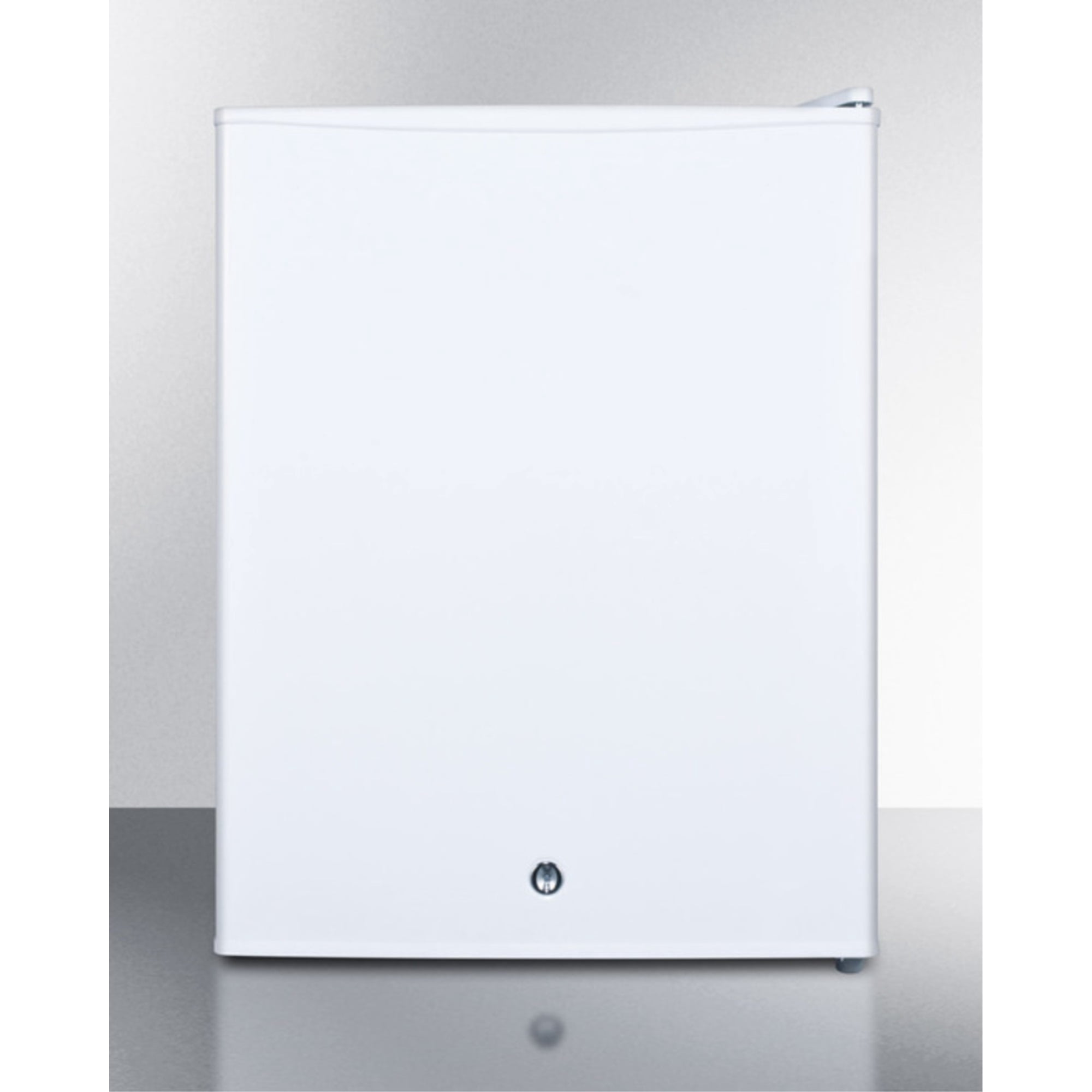 Compact all-refrigerator with automatic defrost, front-mounted lock, and white finish