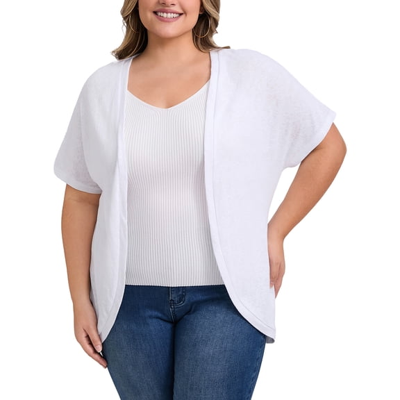 DARING DIVA Women's Plus Open Front Loose Fit Knit Curved Hem Cardigan 1X White