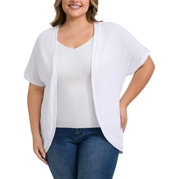 GRACE & GRANDEUR Women's Plus Size Cardigan Open Front Short Sleeves Loose Fit Knit Curved Hem Cardigans 1X White