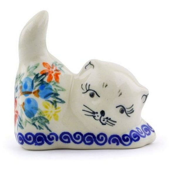 Polmedia Cornflower and Butterflies Polish Pottery Cat Figurine