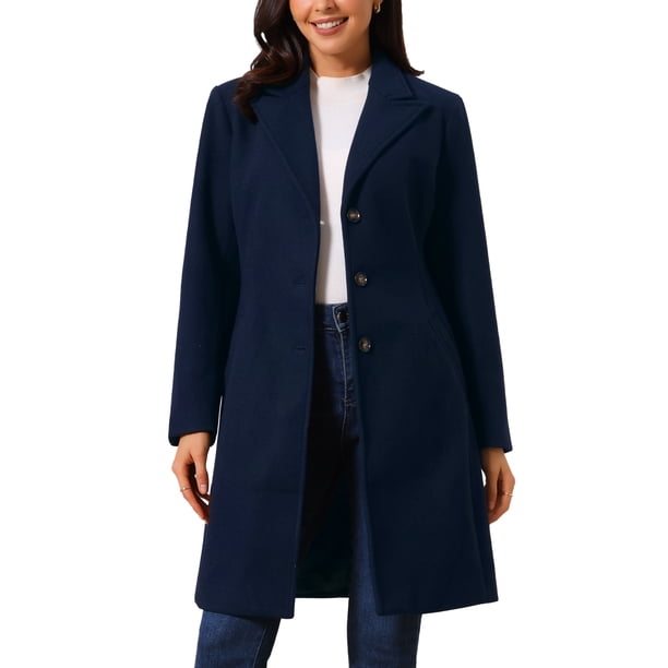 Abrigo de mujer de doble botonadura, abrigo de moda de invierno con solapa, abrigo exterior en azul oscuro
