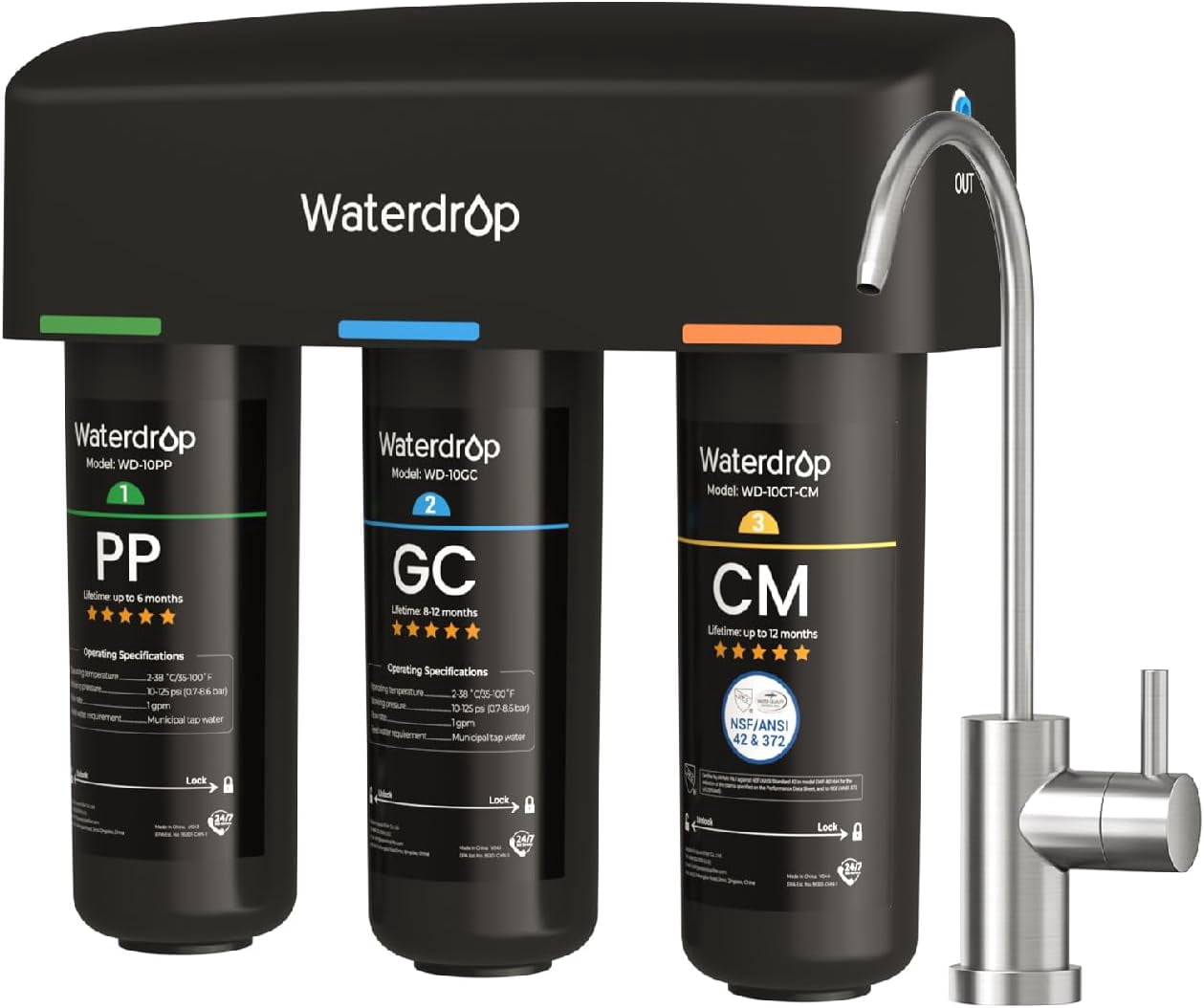 Restored Waterdrop TSB-CM Under Sink Water Filter System Reduce Chloramine, Chlorine for CA, FL and Washington, D.C., Under Sink Water Filtration System with Brushed Nickel Faucet (Refurbished)
