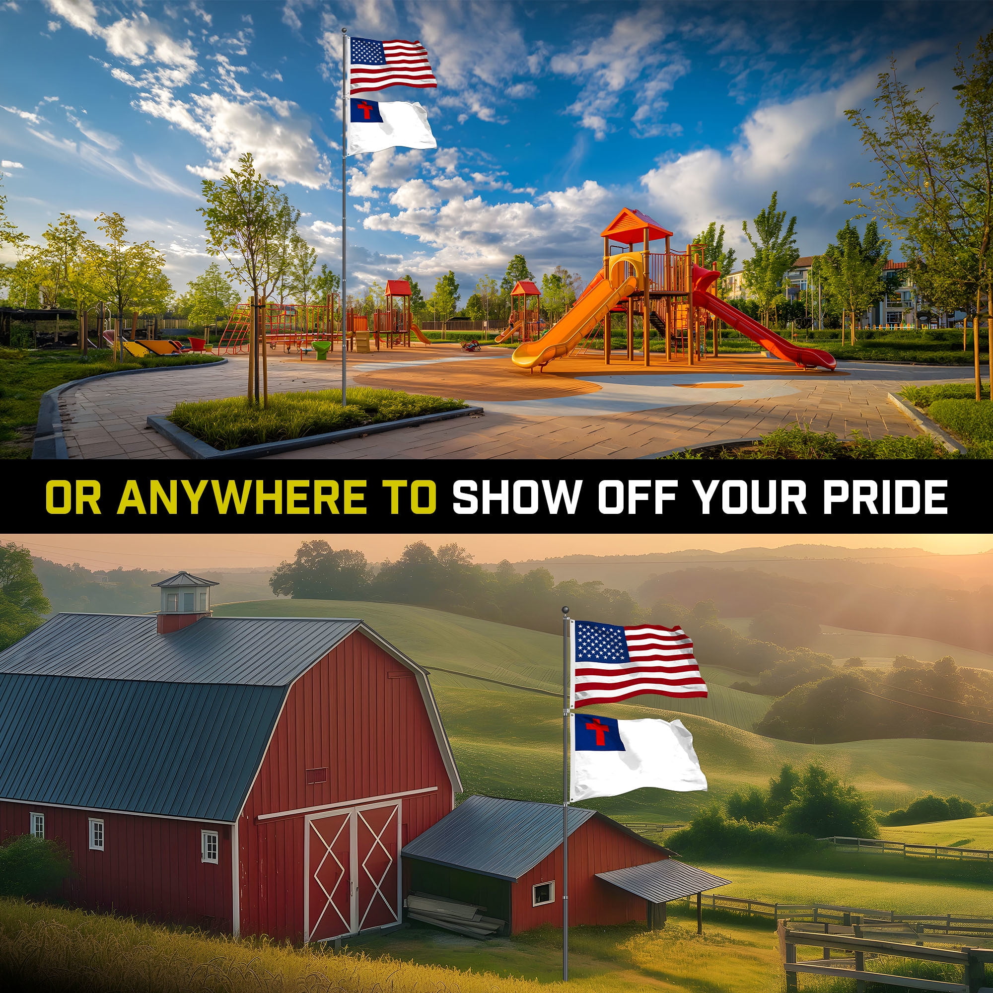 G128 Combo Pack: 25 Ft Telescoping Aluminum Flagpole (Black) & American and Christian Flags 3x5 Ft, Both StormFlyer Series Embroidered 220GSM Spun Polyester | Pole with Flags Included