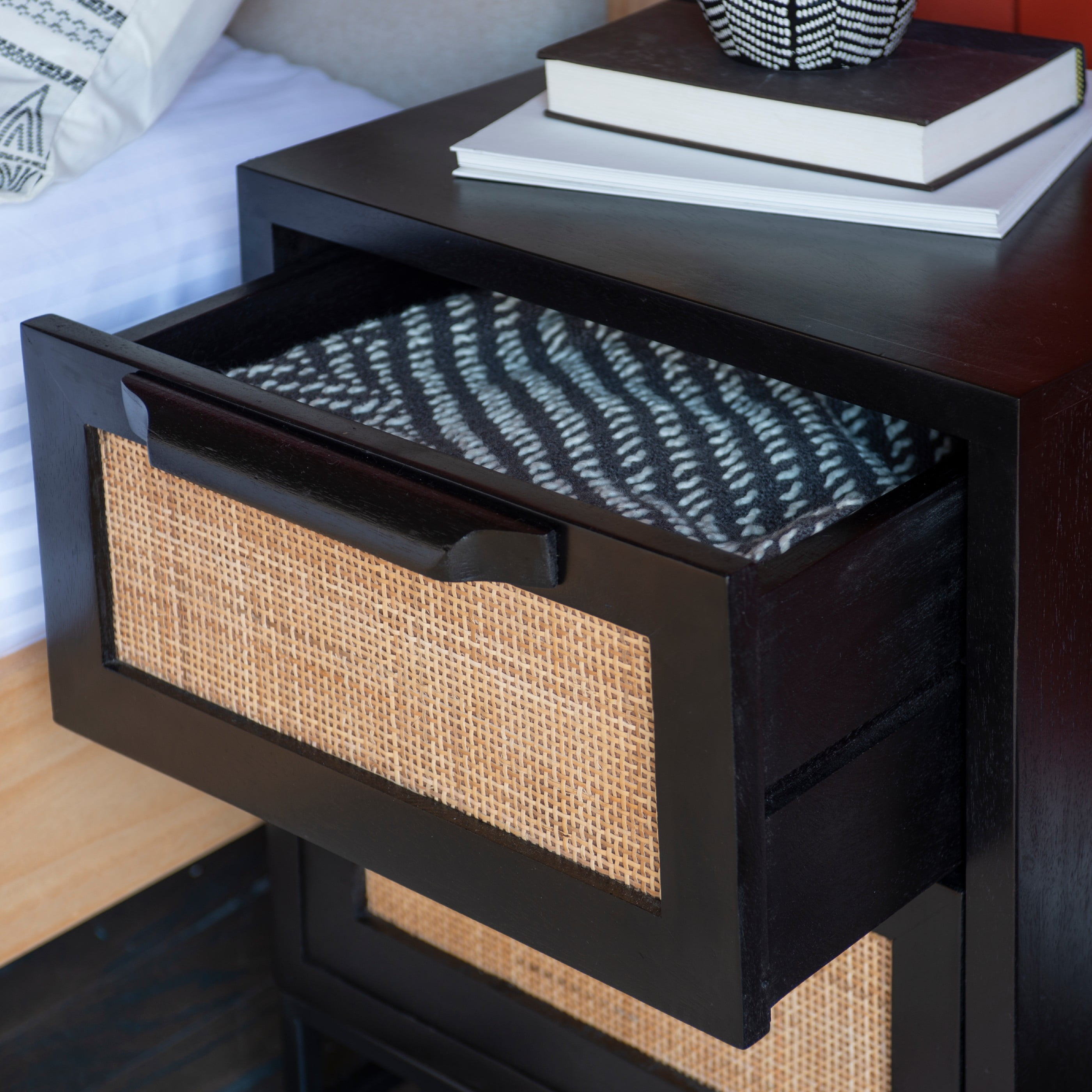 Powell Blair Rattan 2-Drawer Cabinet, Black
