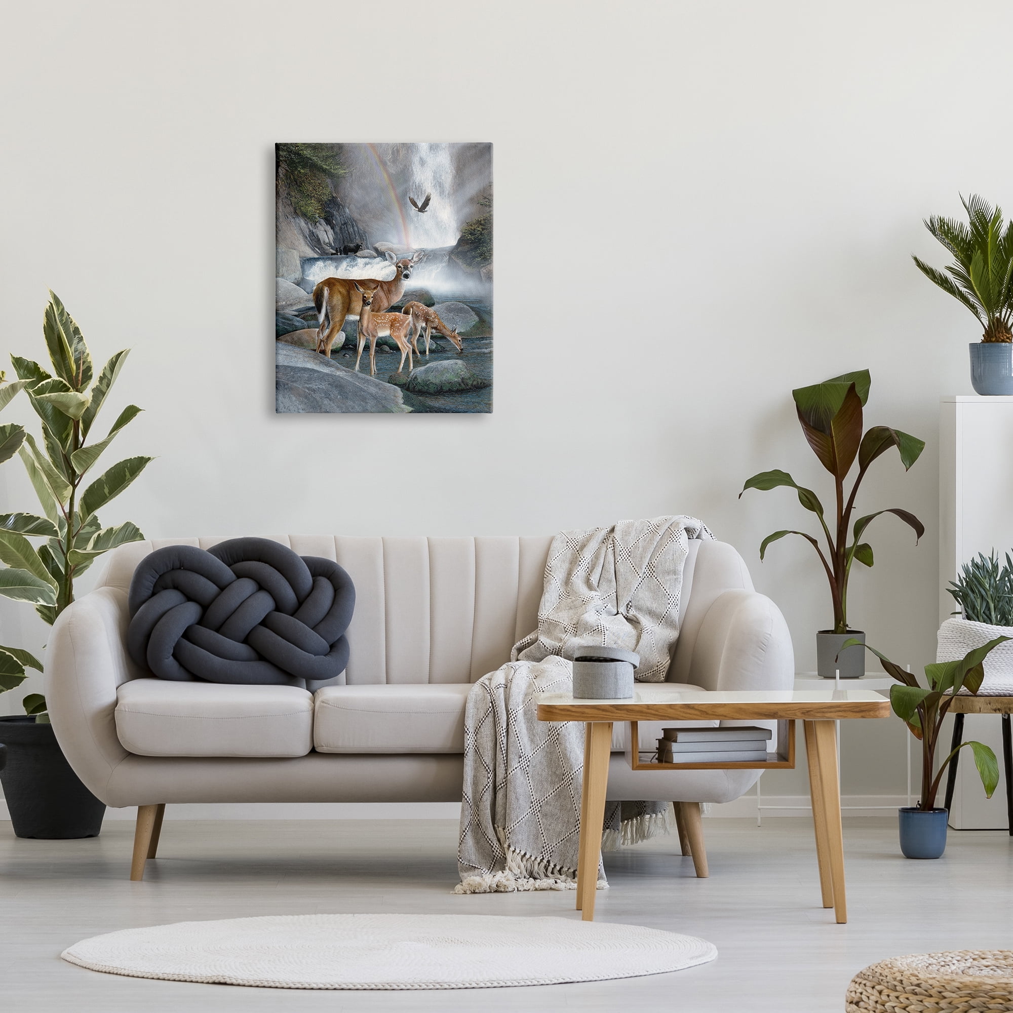 Stupell Industries Deer Family by Waterfall Animals & Insects Painting Gallery Wrapped Canvas Print Wall Art, 24 x 30