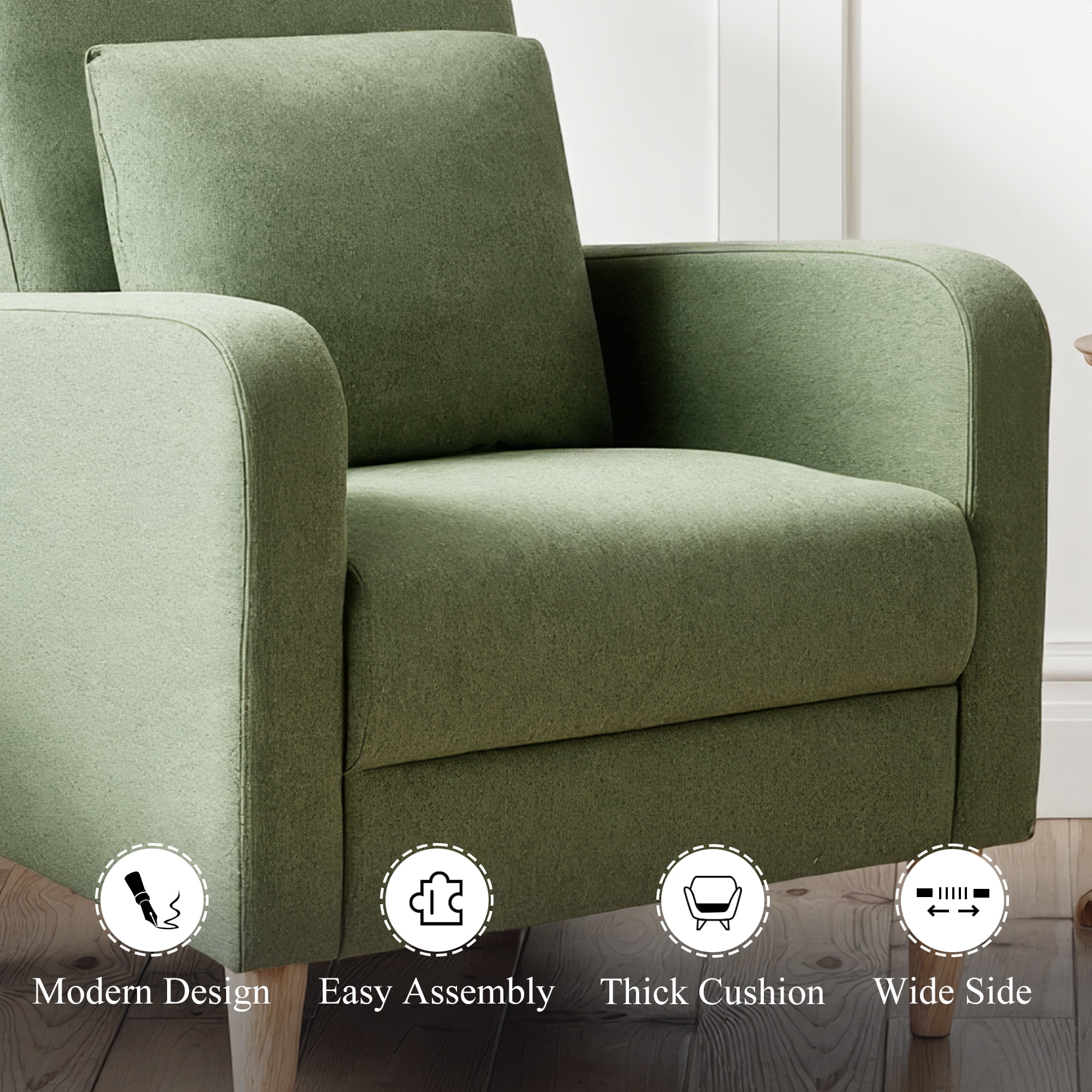 Single Sofa Armchair(Set of 2) — Upholstered Lounge Seat with Removable Pillow and Sturdy Wood Legs, Green