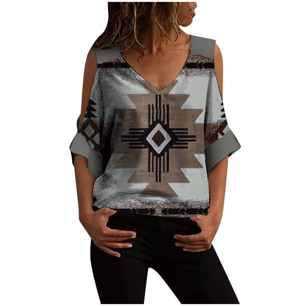 Camiseta de manga corta con cuello en V y hombros descubiertos con estampado retro para mujer Pompotops hkajfhjk458472