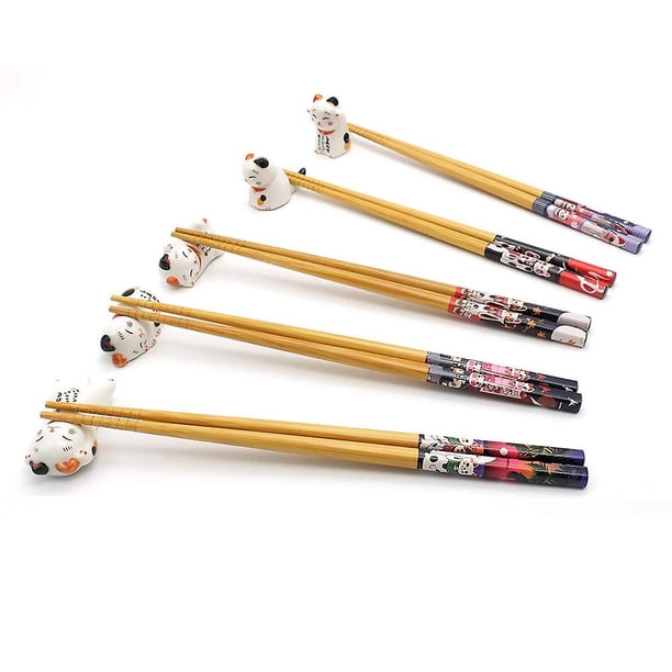 Juego de 5 pares de palillos chinos LIUYMXG de bambú natural diseño de gato de la suerte