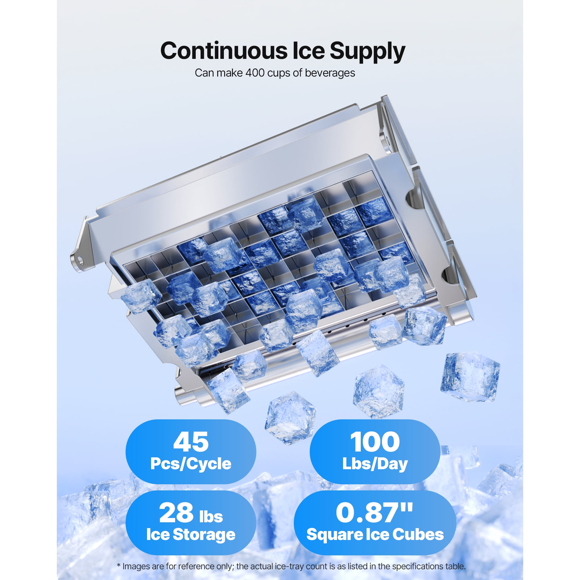 KFFKFF Commercial Ice Maker Machine, 100 lbs/24h Output with 28 lbs Storage, Produces 45 Cubes per Cycle, Stainless Steel Design for Freestanding or Under-Counter Use, Features LED Display