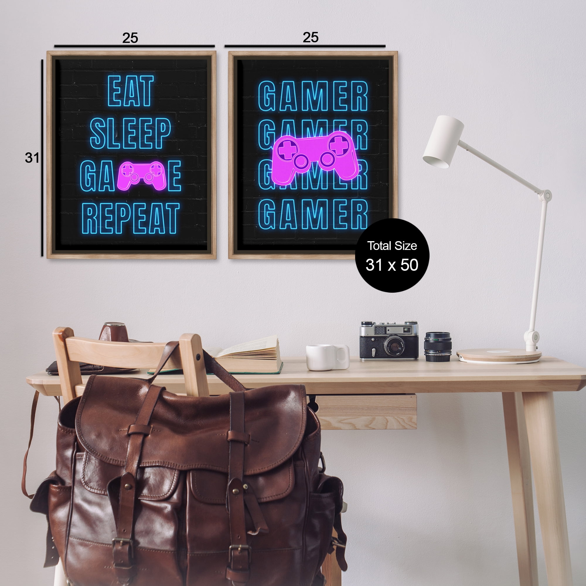 Stupell Industries Neon Gamer Eat Sleep Entertainment Painting Brown Floater Framed Canvas Art Print Wall Art, 31 x 25, Set of 2