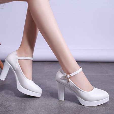 

Block Heel shoes White Wedding Shoes Women Pumps Platform high heels Shoes with ankle strap Ladies Office Party Dance Shoe 2022