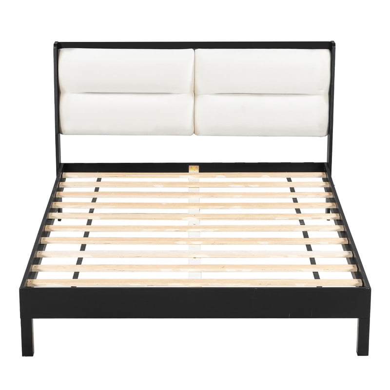 Wooden Queen Size Platform Bed with Velvet Upholstered Headboard, Low-Profile Bed Frame with Slat Support No Box Spring Needed