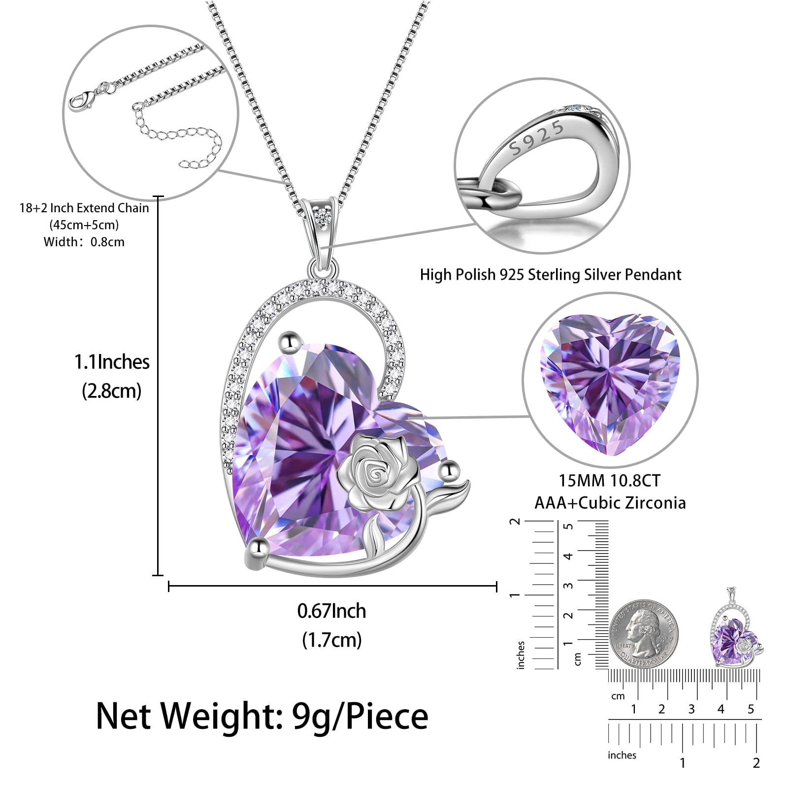 Juwaliy 925 Sterling Silver 15MM Heart Necklace Women June Birthstone Alexandrite Purple Jewelry Rose Flower Pendant Mom Birthday Valentines's Day Gift for Her