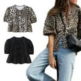thumbnail image 2 of Puff Short Sleeve Peplum Top Sweet Womens Spring Crop TopSolid Neck Blouses Casual Loose Shirt Gifts, 2 of 10