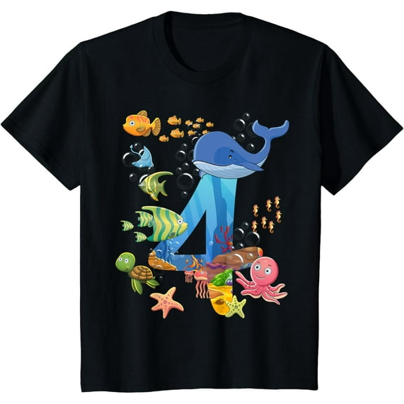 Sam Soft 4 Years Old Sea Fish Ocean Animal 4th Birthday Boy Girl T-Shirt