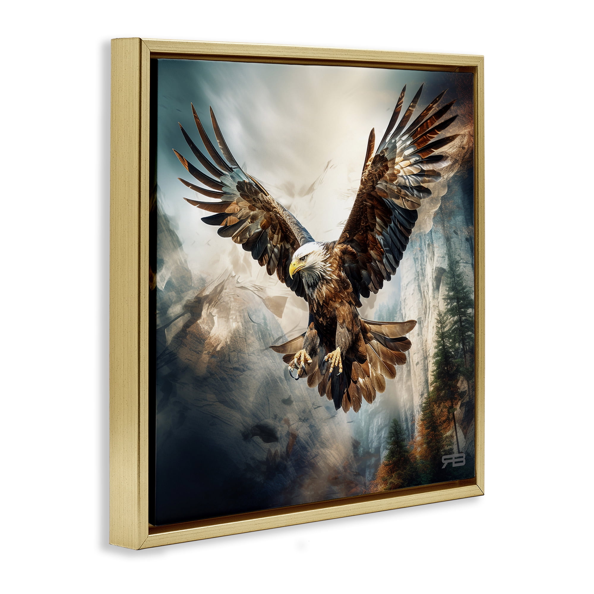 Stupell Industries Intense Eagle Spreading Wings Animals & Insects Painting Gold Floater Framed Canvas Art Print Wall Art, 25 x 25