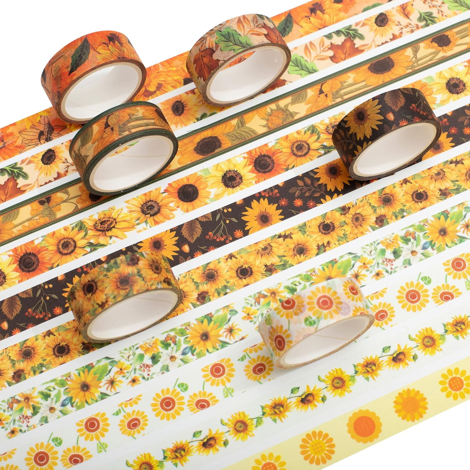 Sunflower Washi Tape Set 10 Rolls Floral Print Decorative Sun Flowers Masking Tapes for Arts, DIY Crafts, Journals, Planners, Scrapbook, Wrapping