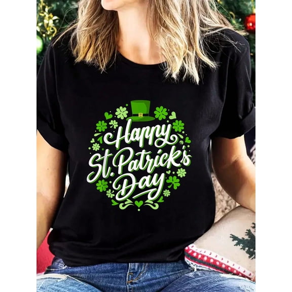 Green Shamrock Clover Happy St. Patrick's Day Women Short Sleeve Graphic T-Shirt
